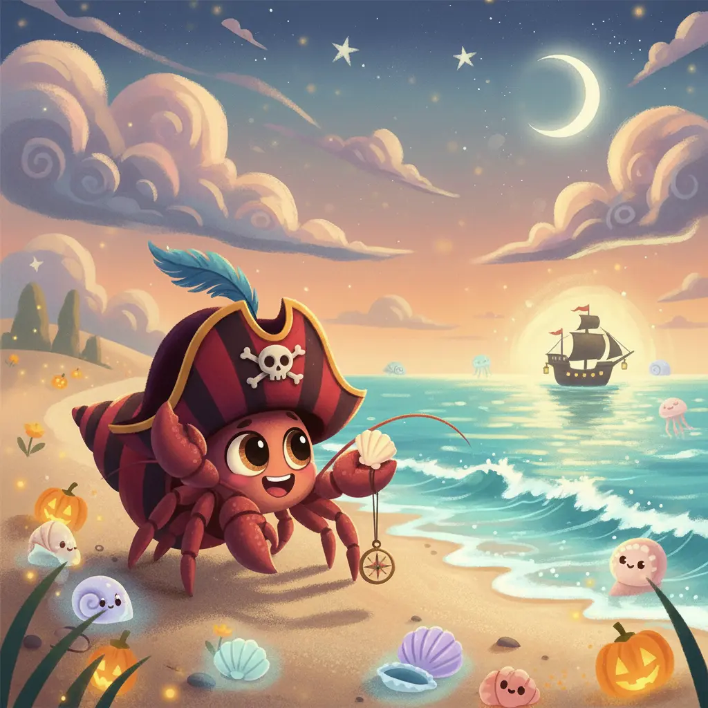 Pirata Pinza, el maestro de orquesta del mar, rodeado de conchas mágicas.