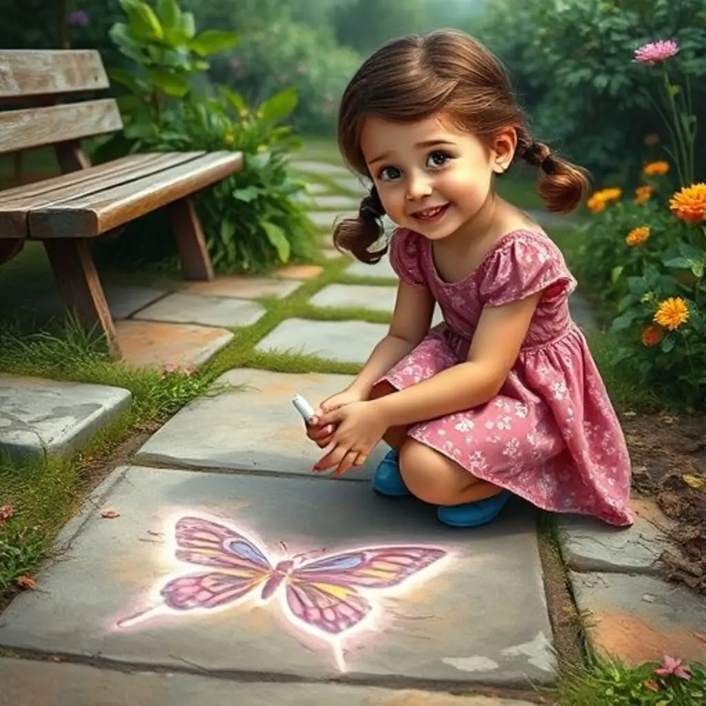 Sofía dibuja una mariposa en el suelo con tiza que cobra vida.