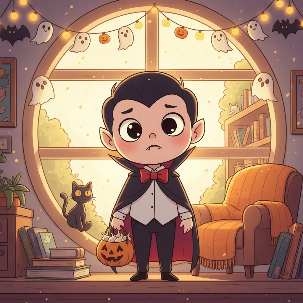 Dientes, el vampirito, mira por la ventana de su habitación, desilusionado con su cesta llena de ajos.