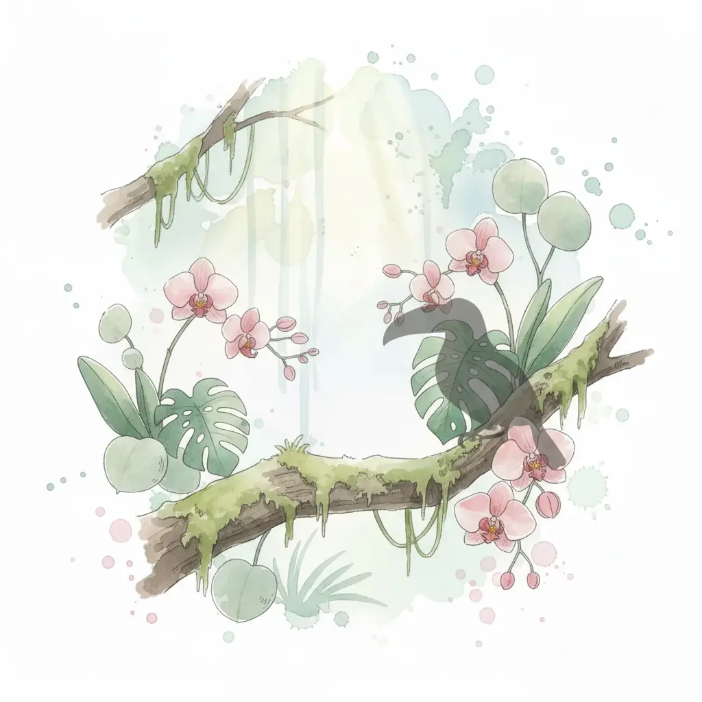 Un rincón tranquilo de la selva con una rama musgosa y flores, bajo una luz suave de la mañana.