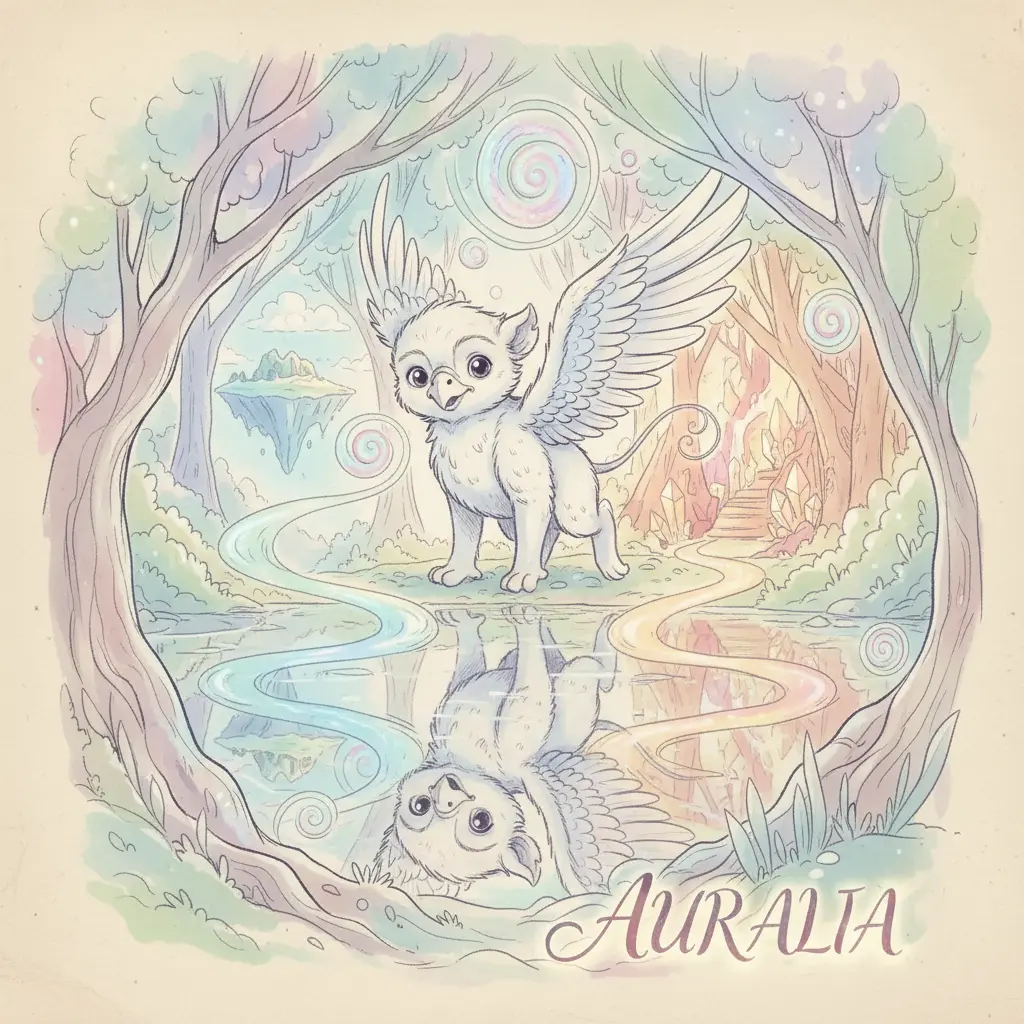 El grifoncito mira su reflejo, donde las formas mágicas le muestran dos caminos para elegir su próxima aventura.