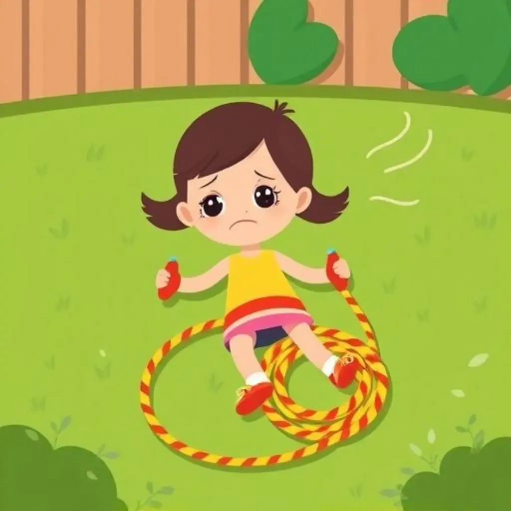 Cuerdita, una cuerda de saltar personificada, triste en el césped.