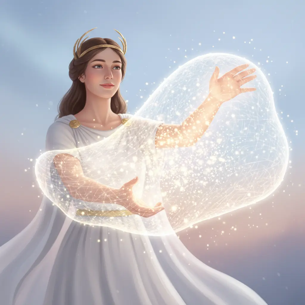 Hera recoge suavemente los deseos extraviados con sus redes de nubes.