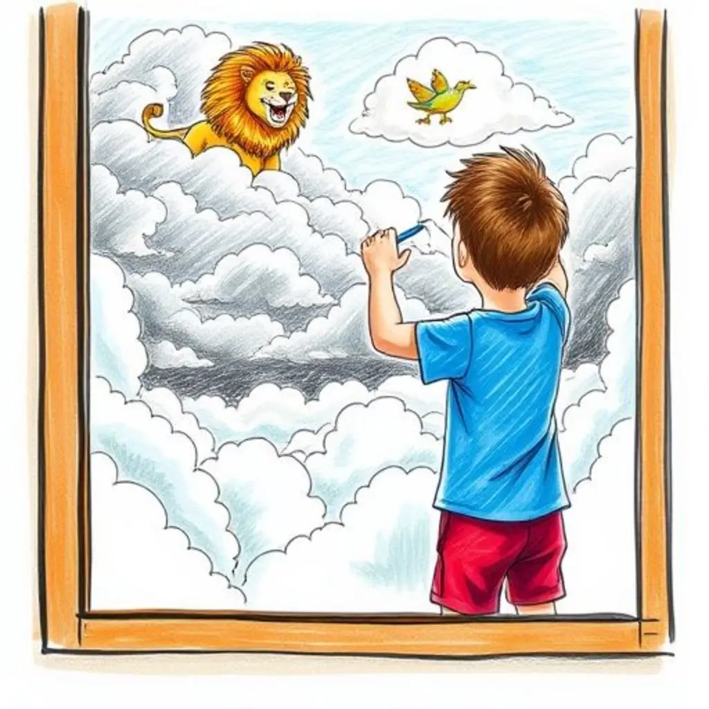 Leo dibuja un león de nube que ruge valientemente al torbellino, mientras el pajarito de nube escapa por un puente de nube. Una cama elástica de nubes aparece debajo del león.