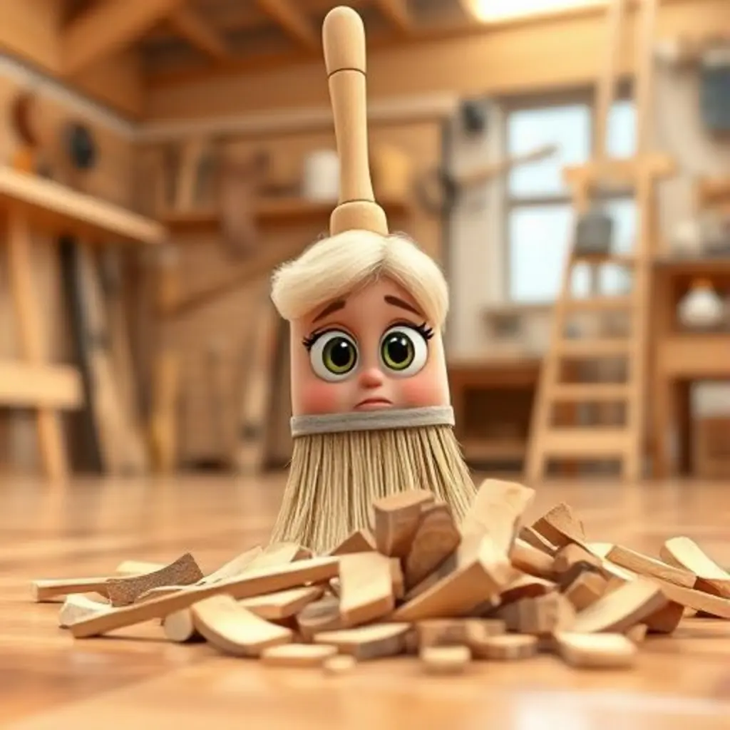 Cleta la escoba con cerdas suaves, mirando triste unas astillas grandes en un taller.