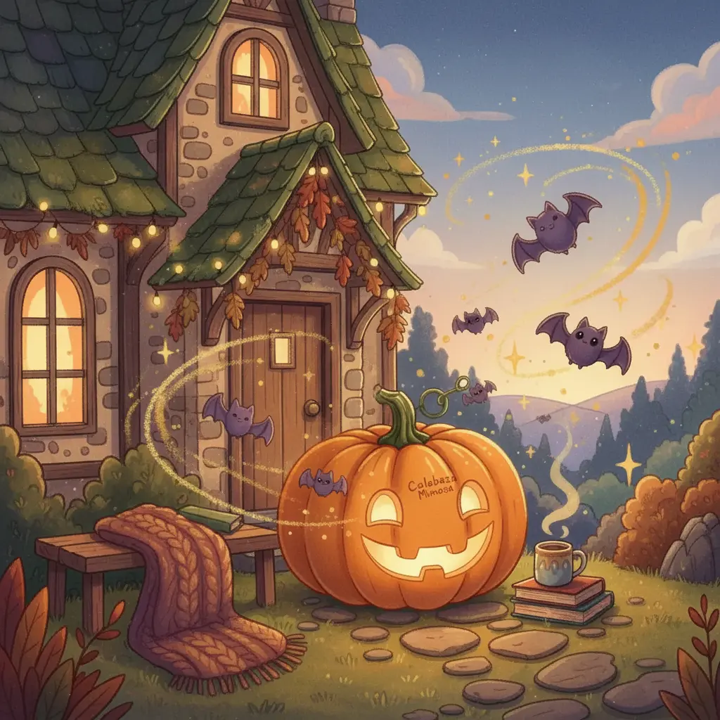 Calabaza Mimosa, una calabaza grande y amigable, sentada en un porche decorado con hojas de otoño, deseando expresar sus sentimientos.