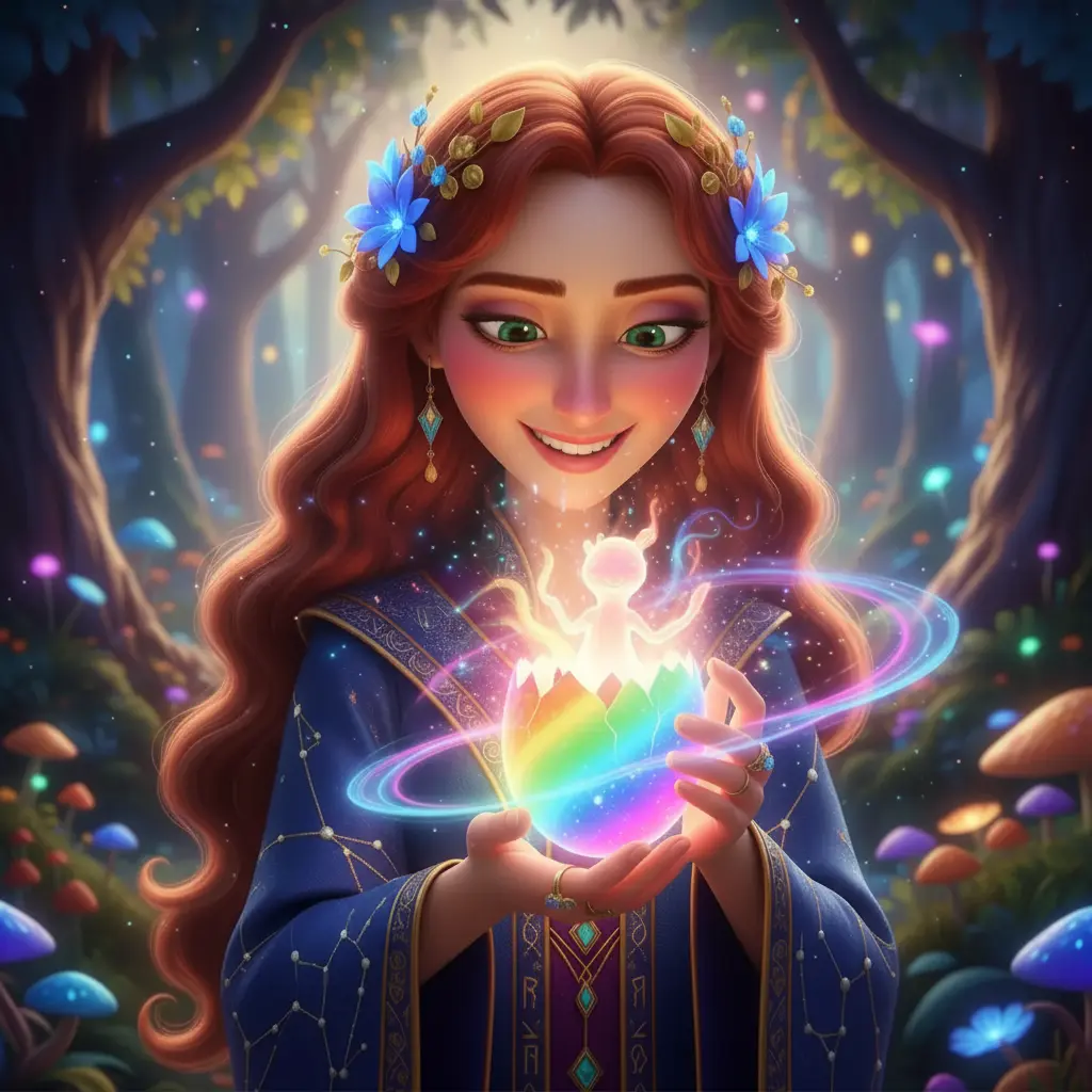 El huevo se abre y una criatura luminosa empieza a nacer, llenando el claro de luz mágica.