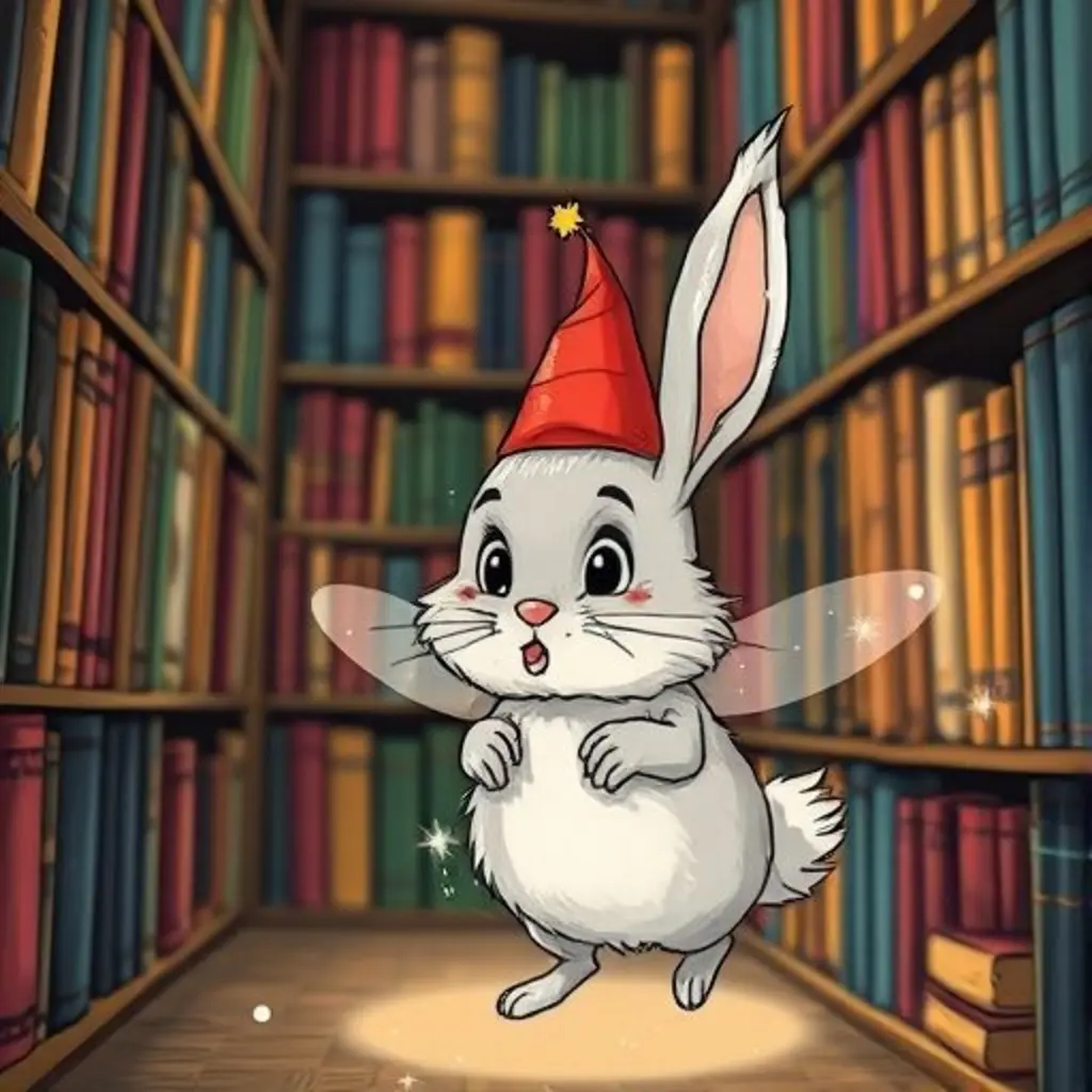 Molín, un conejito de polvo con sombrero, flotando en una biblioteca acogedora.