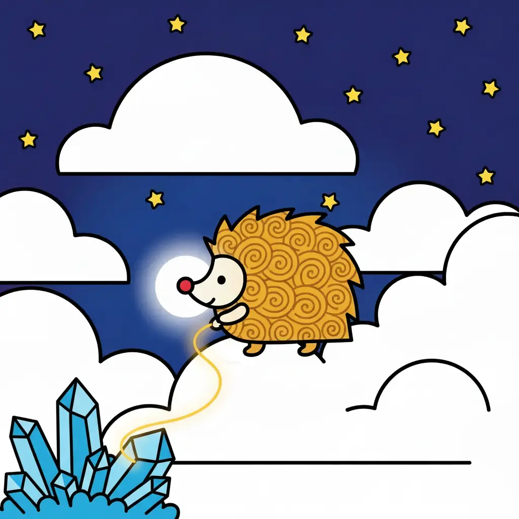 Pipo el erizo de lana camina sobre nubes blancas hacia un hilo brillante.