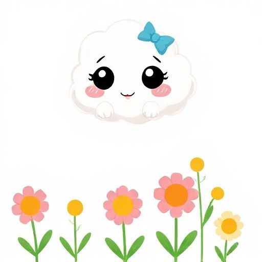 Nubeita flota sobre un campo de flores sonrientes y coloridas.