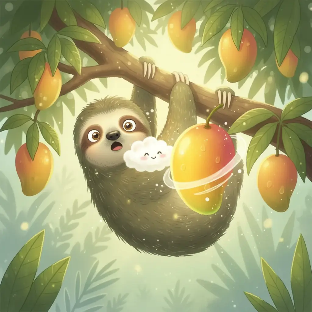 La nube del estornudo de Pedro guía un mango jugoso hasta sus patas.