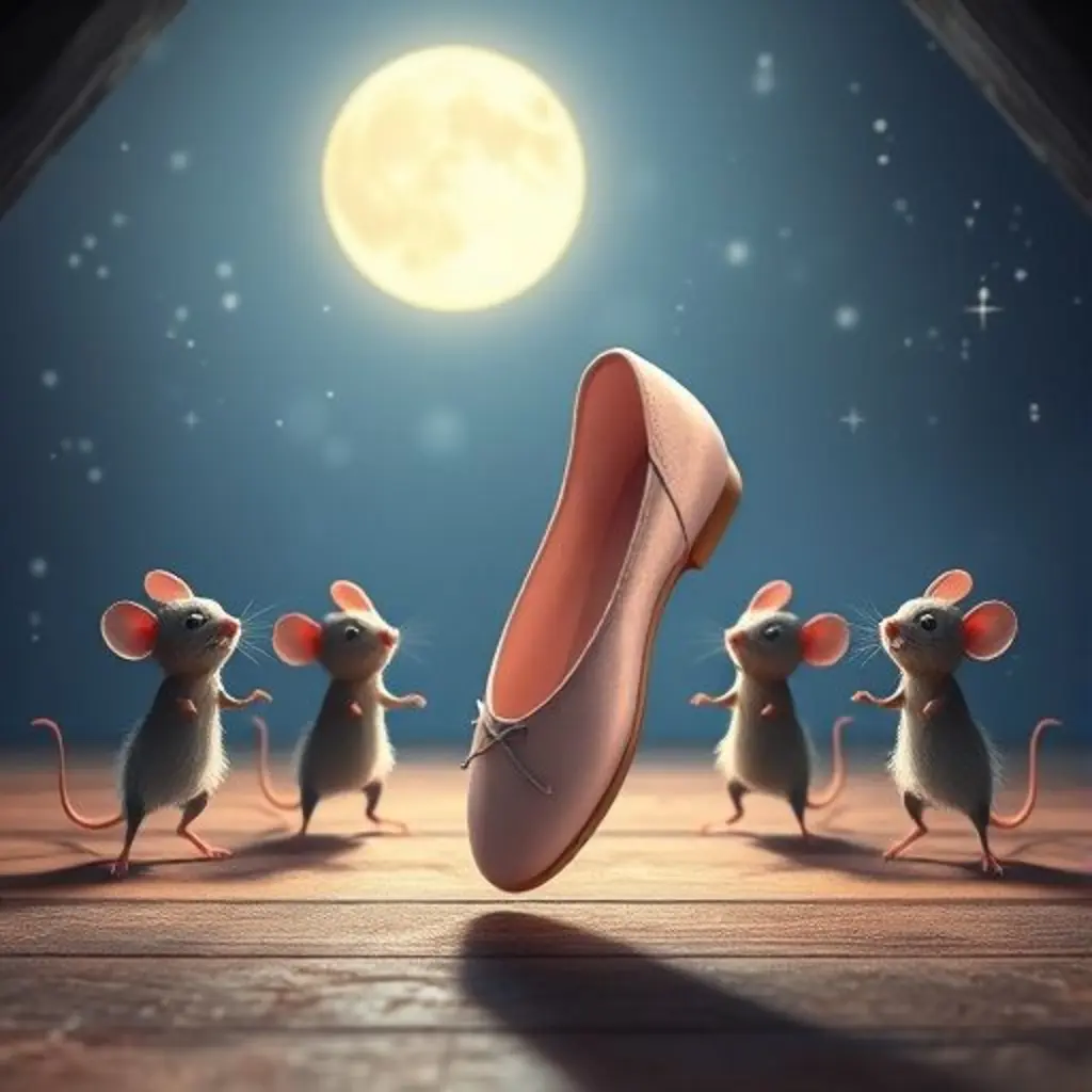 Zapatín y los ratones bailan juntos bajo la luz de la luna, creando pasos mágicos.
