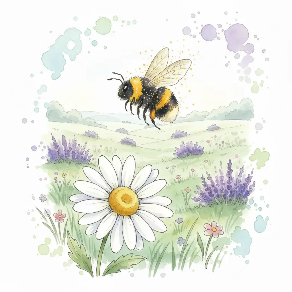 Un abejorro rechoncho y feliz vuela rodeado de polen dorado frente a la margarita.