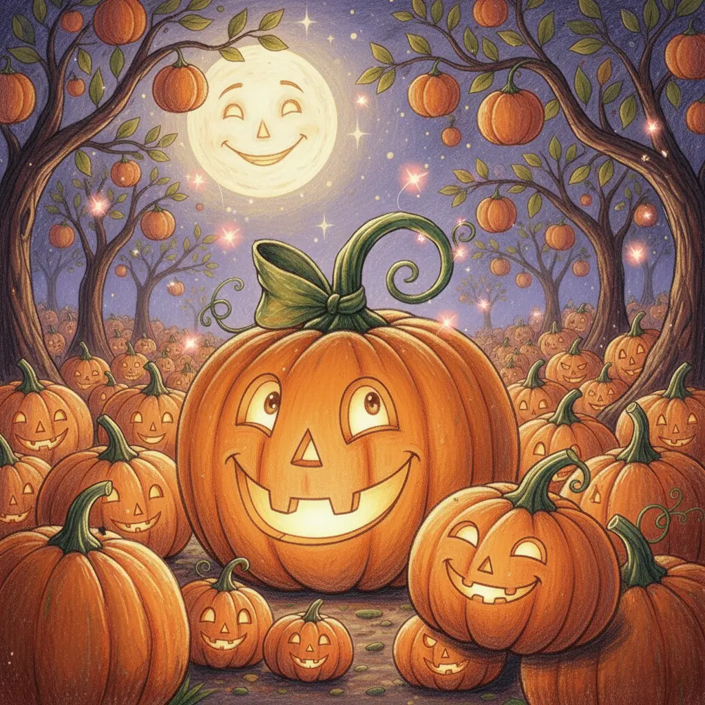 Calambín observa con curiosidad cómo las luciérnagas empiezan a aparecer mientras una calabaza casi se cae de sueño.