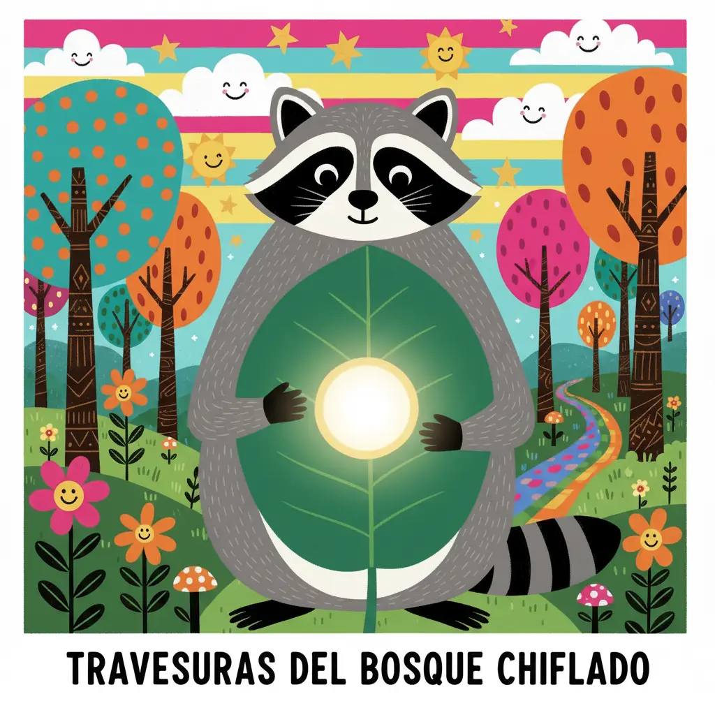 El mapache Curioso, con ojos grandes, toca una hoja verde brillante con un agujero mágico.