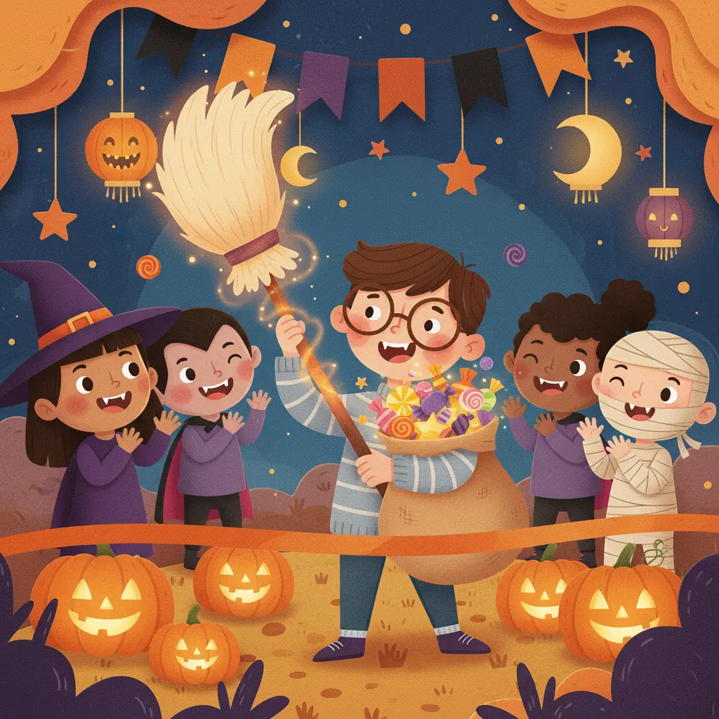 Nico y Turboseta llegan a la meta con una bolsa llena de dulces para compartir con sus amigos monstruos, celebrando bajo un cielo estrellado.