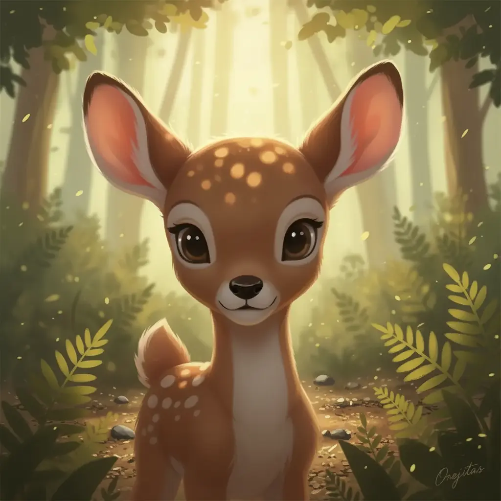 Orejitas, un ciervito joven, camina en silencio por un bosque soleado, con sus grandes orejas atentas.