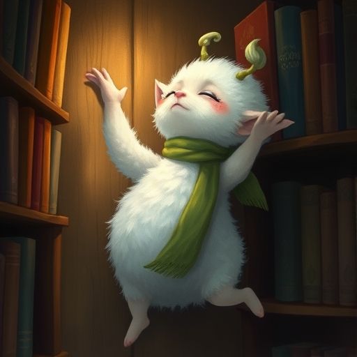 Cieli intenta alcanzar un libro en un estante muy alto, con una expresión de duda y esfuerzo.