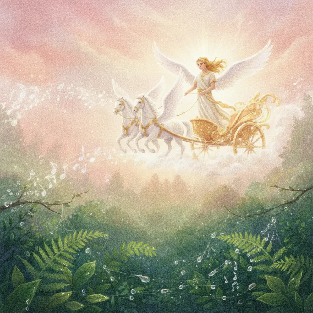 Apolo en su carro solar, con una expresión pensativa, mientras el sol ilumina el amanecer con tonos cálidos.