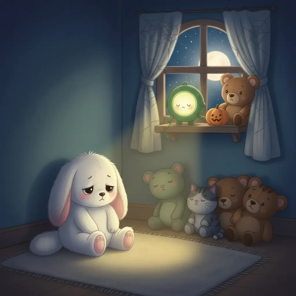 Luci proyecta su luz suave hacia Conejo Blanquito, quien parece muy triste en una esquina.