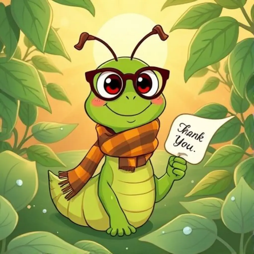 Pío el gusanito sonriendo y leyendo una nota de agradecimiento en su biblioteca de hojas al amanecer.