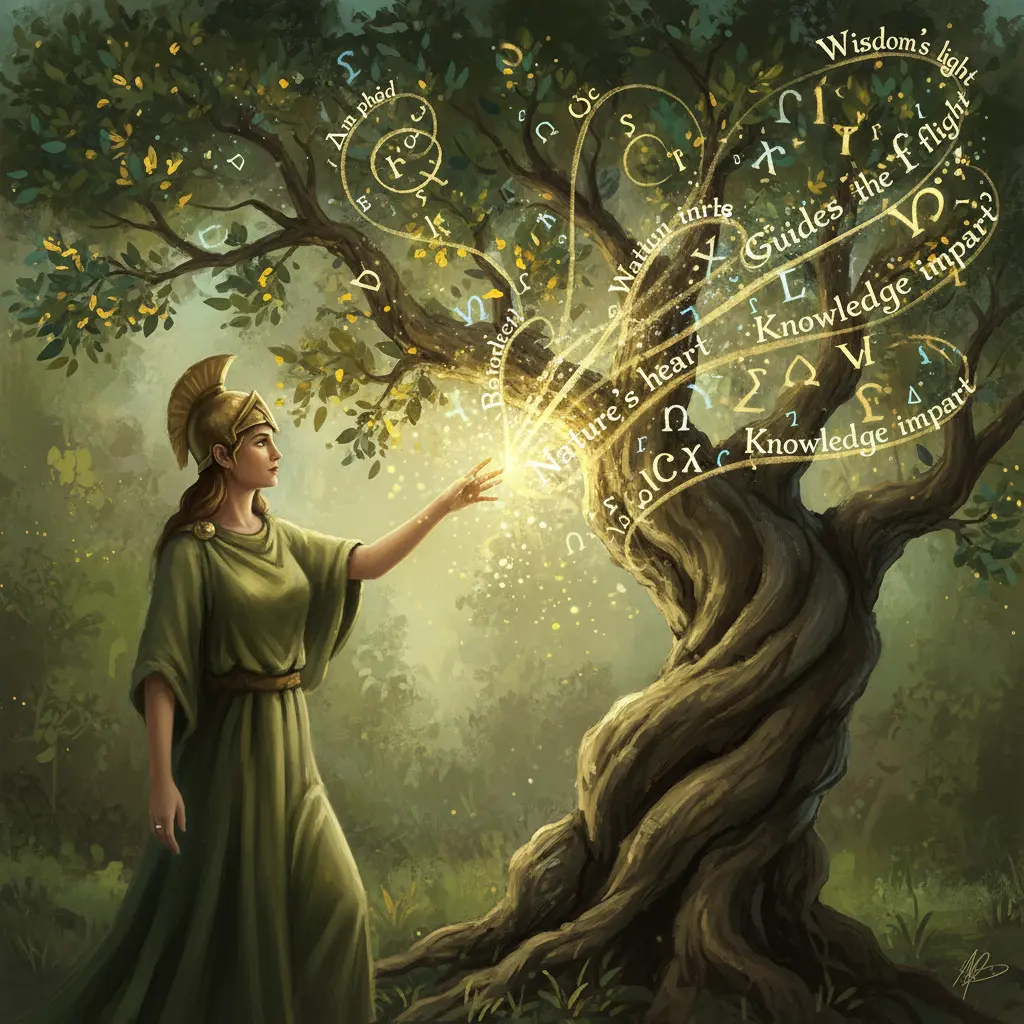 La mano de Atenea toca un olivo, y sus hojas brillan, liberando letras doradas que flotan en el aire.