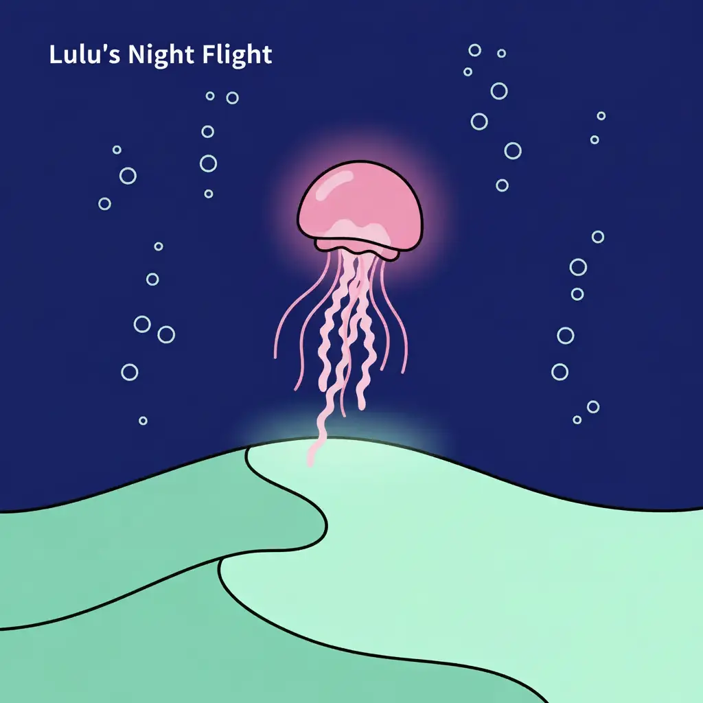 Una medusa rosada tocando arena verde en el fondo de un mar azul oscuro.