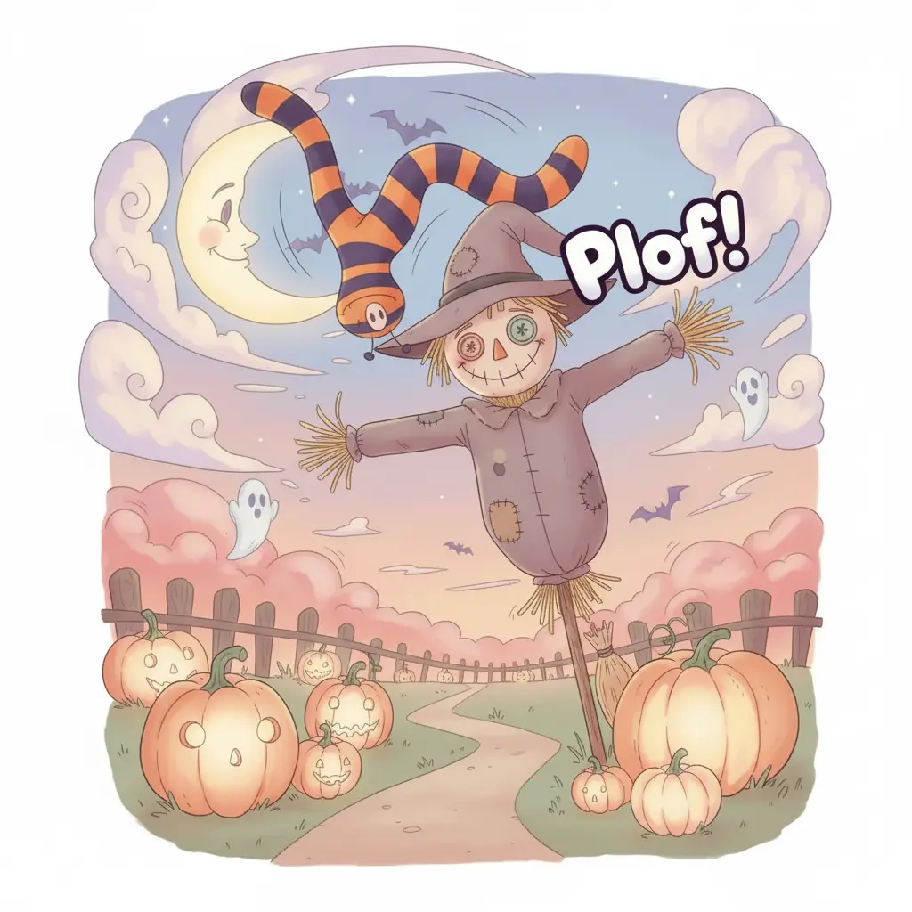 Patoso cae con un '¡Plof!' y aterriza sobre la cabeza de un espantapájaros serio.