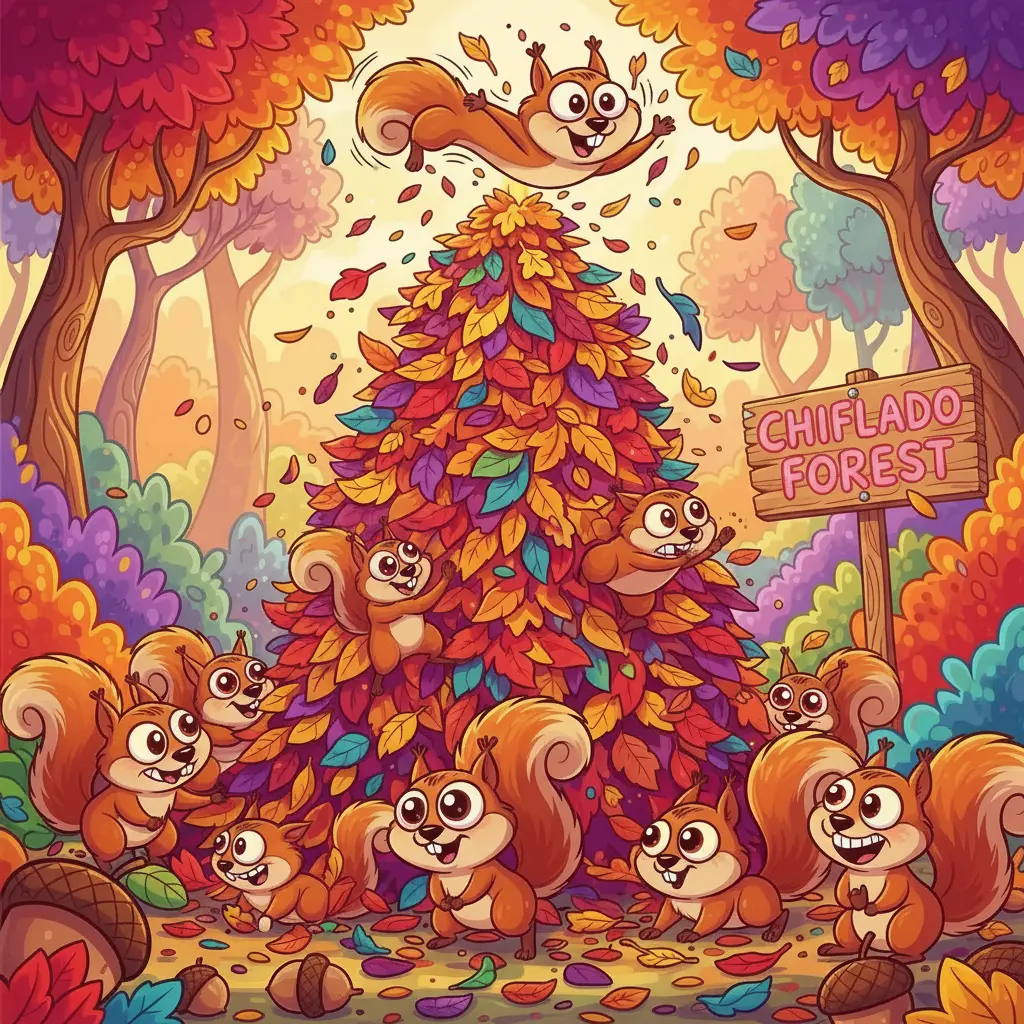 Una ardilla se prepara para saltar desde lo más alto de la montaña de hojas.