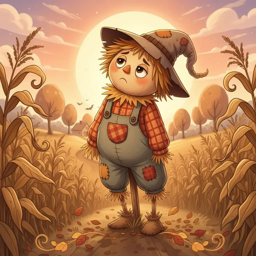 Espantapájaros Risitas, un espantapájaros de paja con sombrero torcido, mira pensativo un campo de maíz.