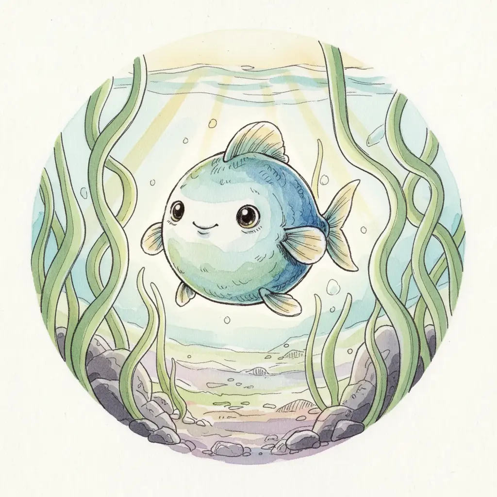 Un rayo de sol ilumina a Burbuja mientras nada entre algas ondulantes.