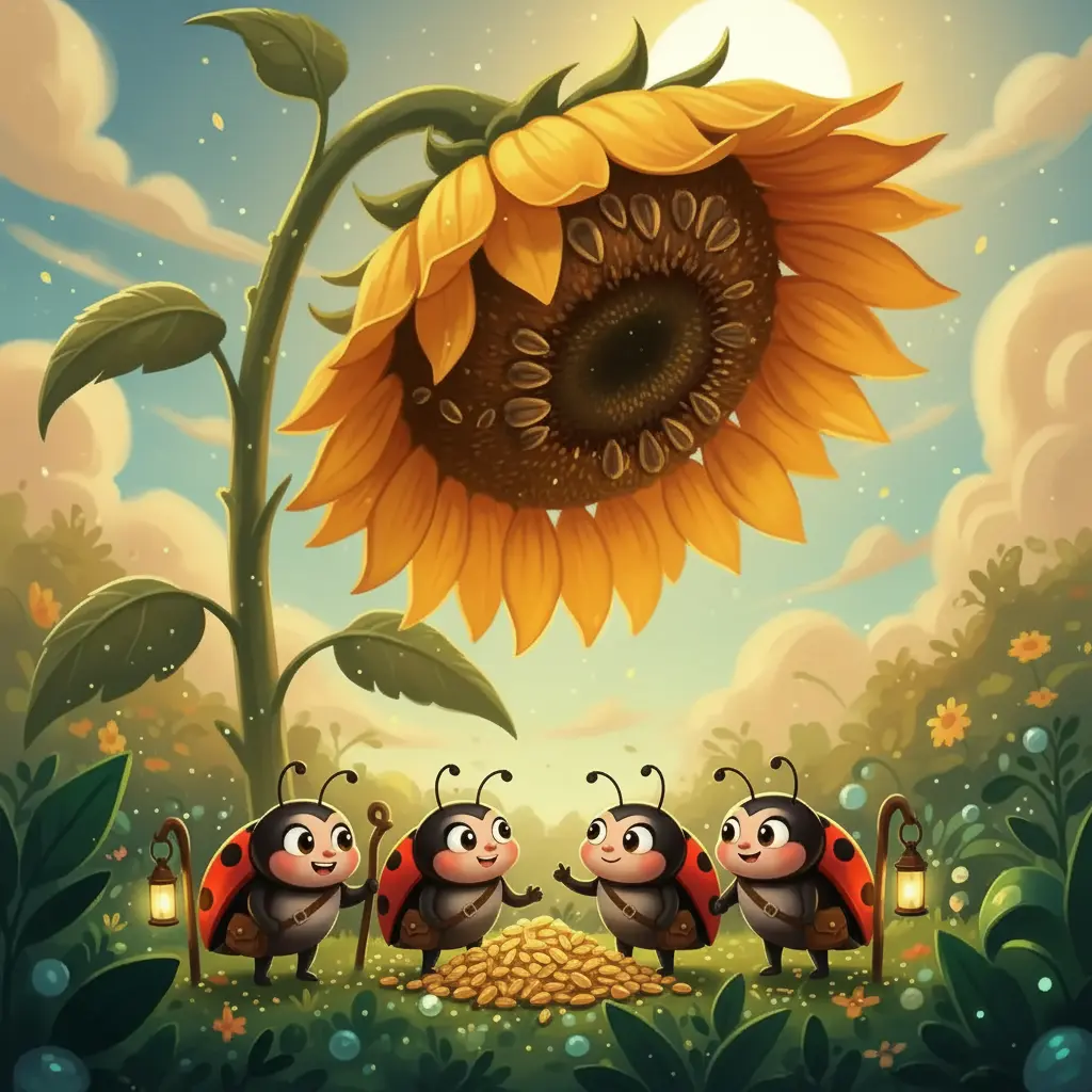 Las mariquitas celebran con alegría las semillas salvadas al pie del girasol.