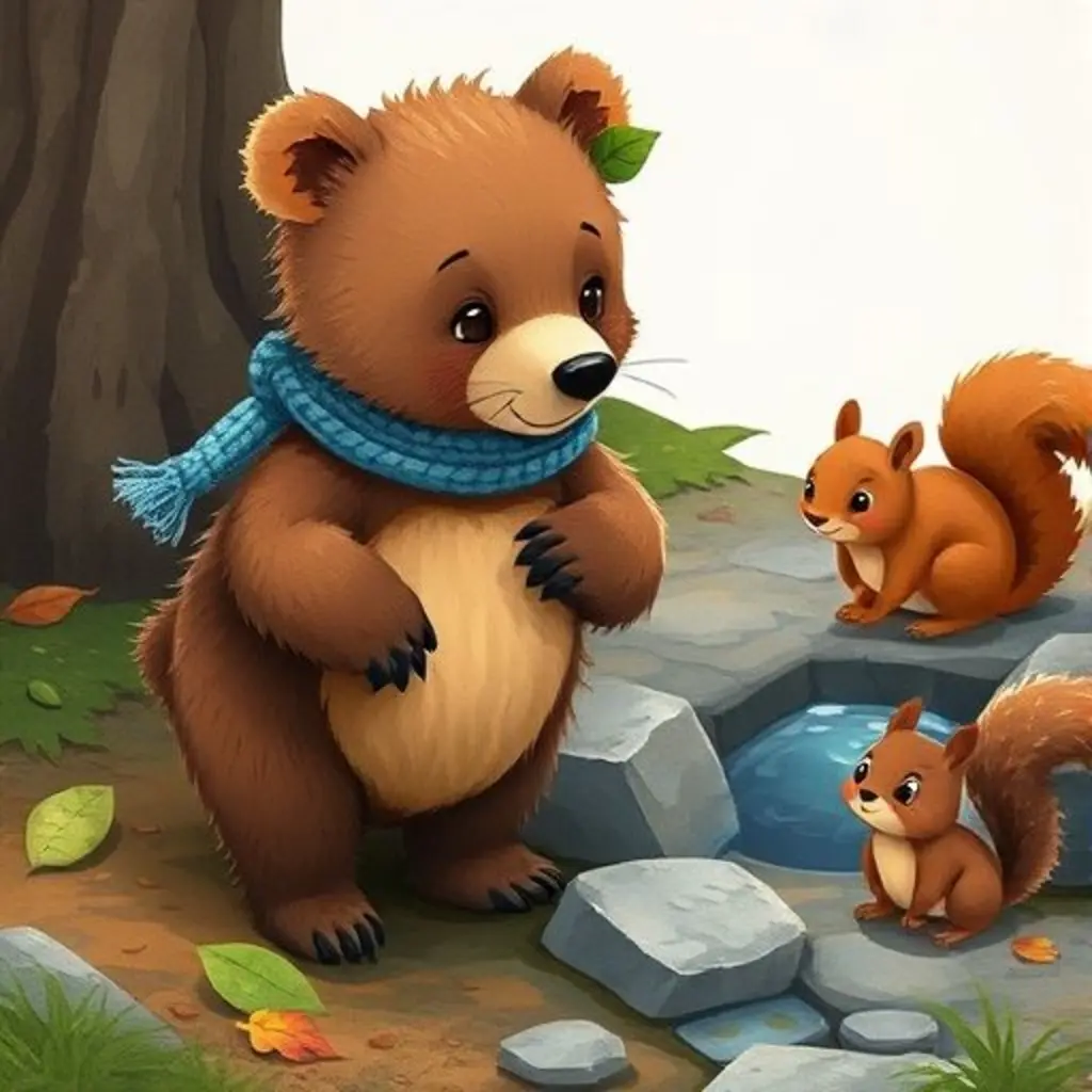 Rolo ayuda a Ardilla Saltarín junto a un riachuelo.