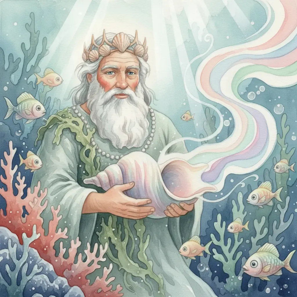 Poseidón flota en el océano, mirando pensativo las profundidades marinas con suave luz a su alrededor.