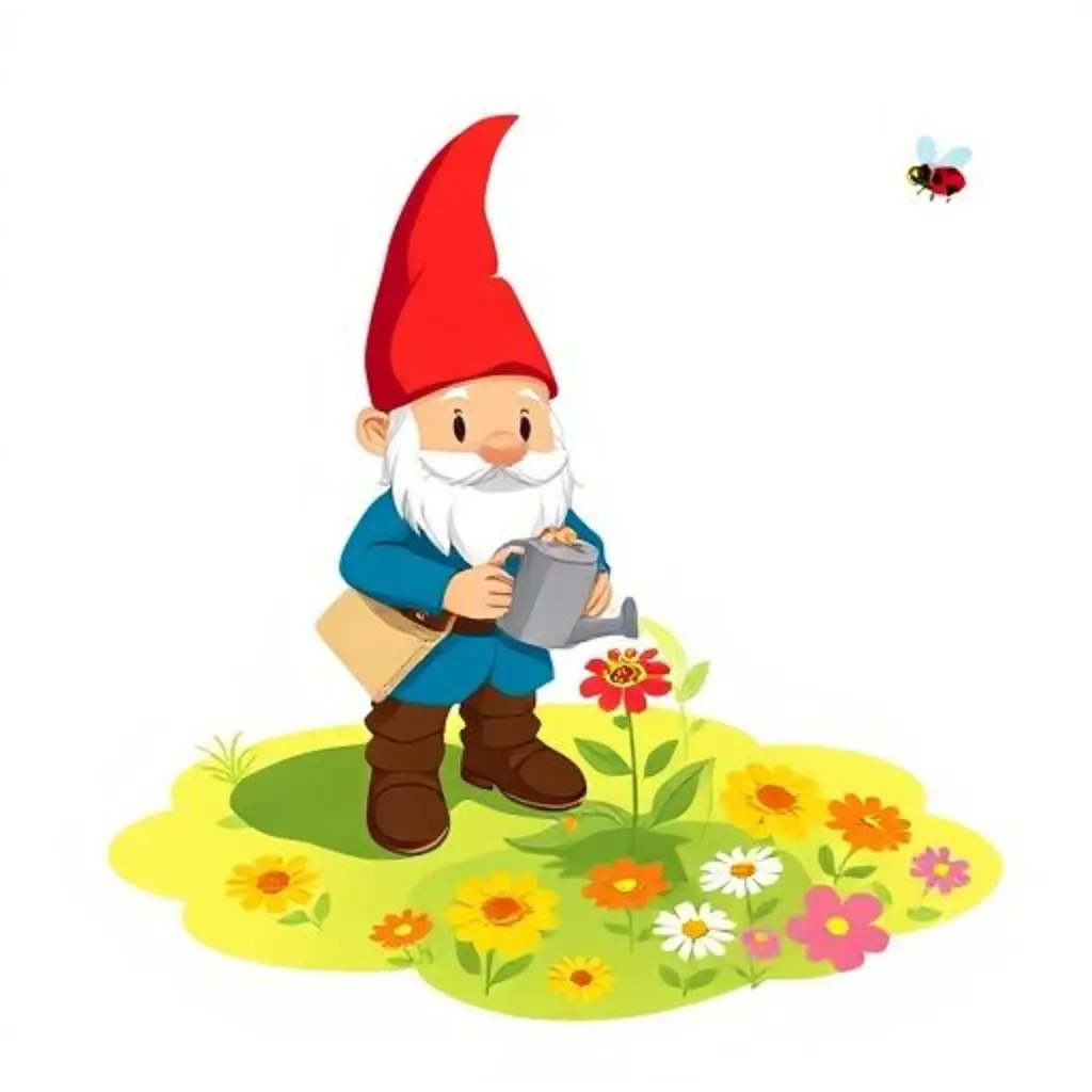 Gnomín riega una flor y la nube de sombra muestra un jardín feliz y un pastel.