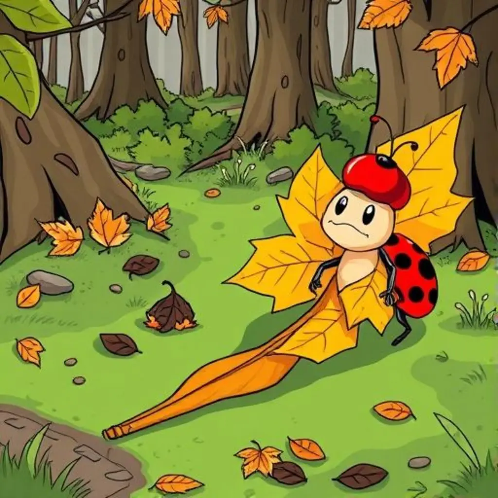 Ramo forma una flecha torcida para una mariquita con un sombrero de cereza.