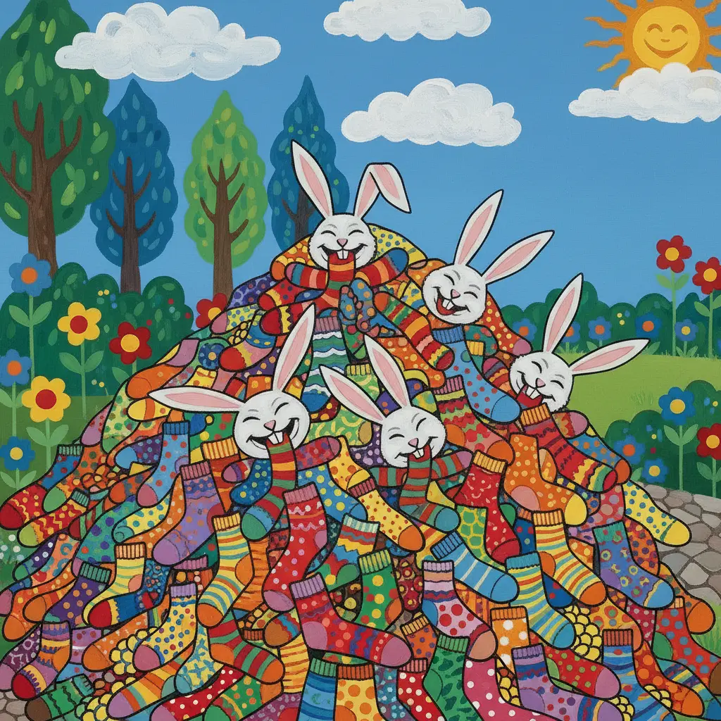 Los conejos, rodeados de calcetines, se ríen sin parar mientras ruedan por el suelo.