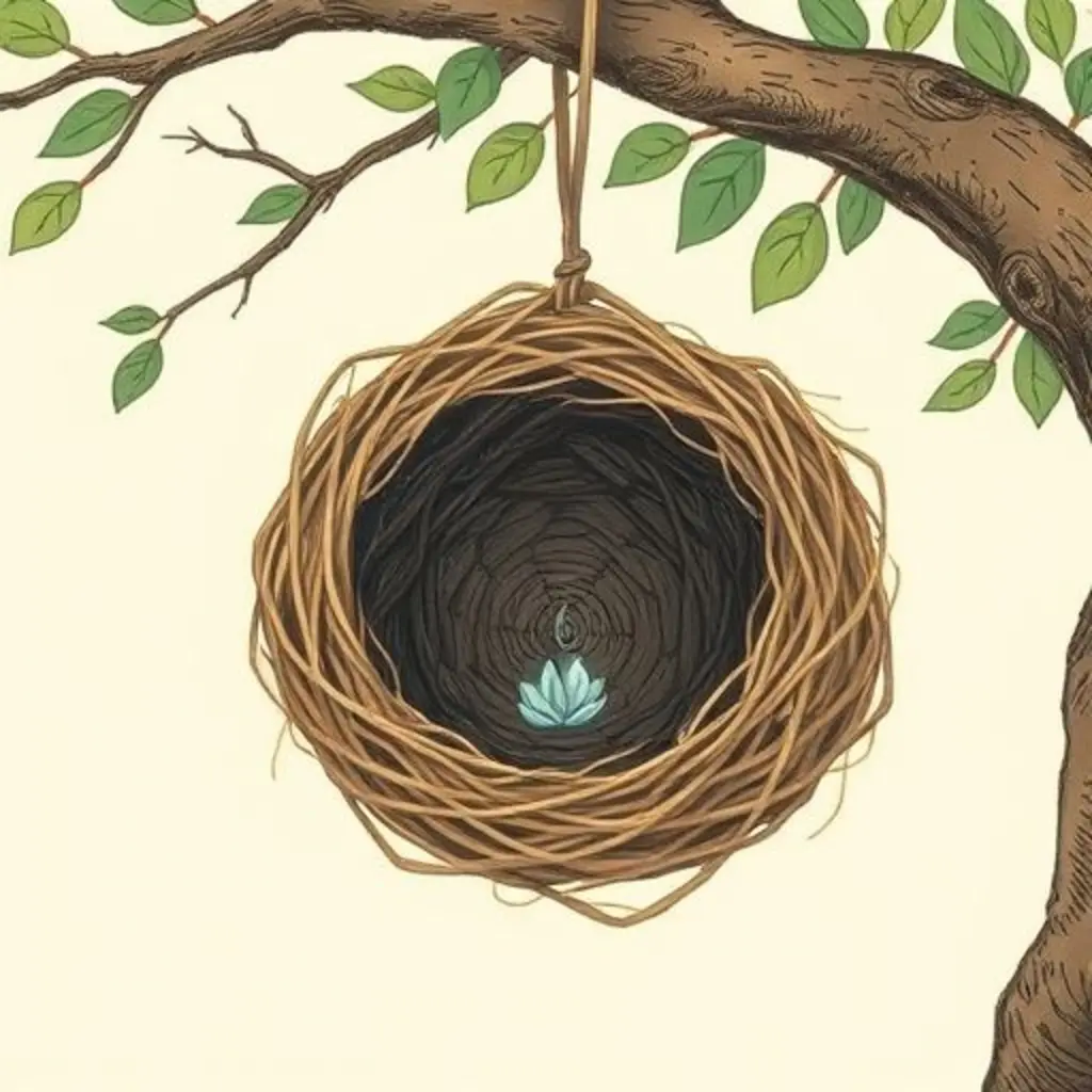 Nardo, el nido vacío, y una pequeña semilla azul flotando hacia él.