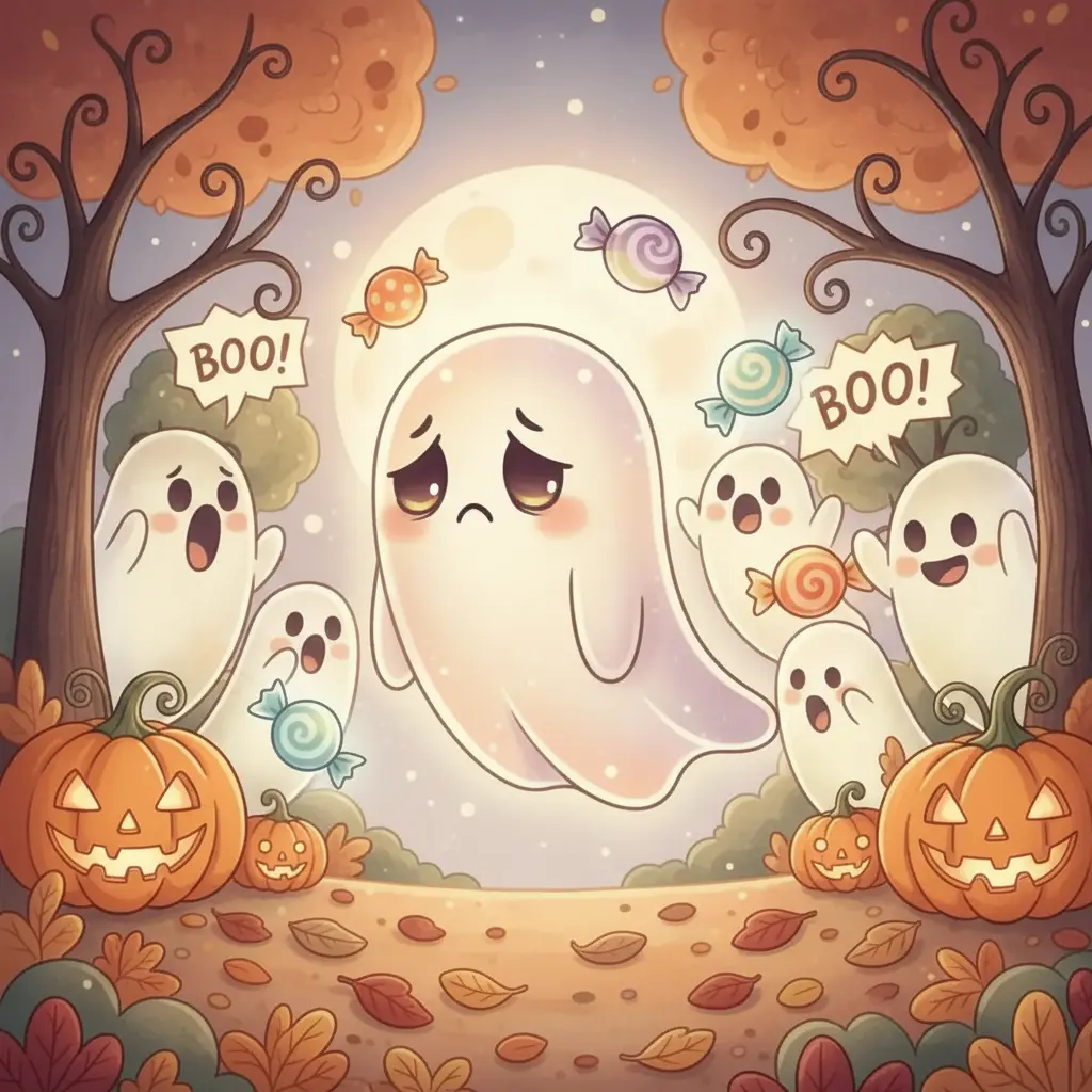 Gasparín, un pequeño fantasma triste, mira a otros fantasmas ruidosos en Halloween.