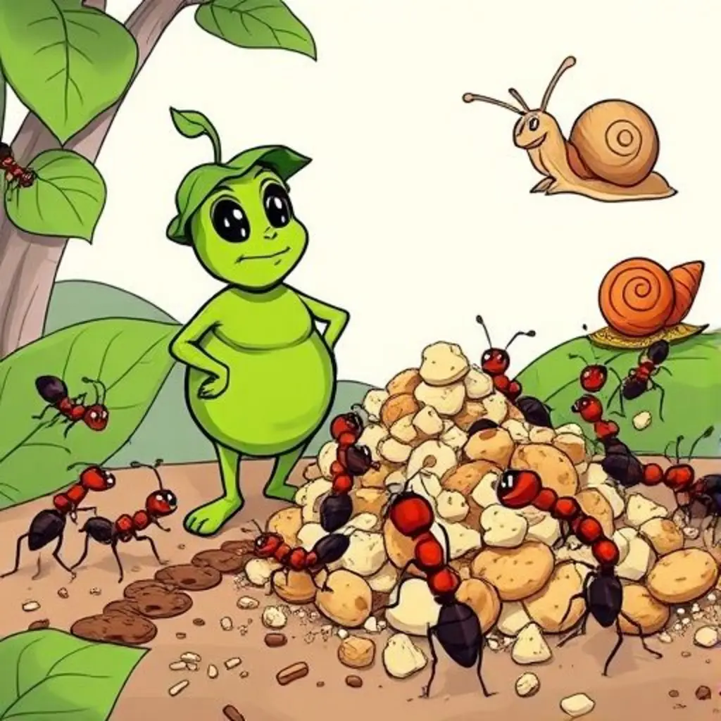 Pepito el guisante celebra con las hormigas que han encontrado sus migas gracias a su rastro de barro.