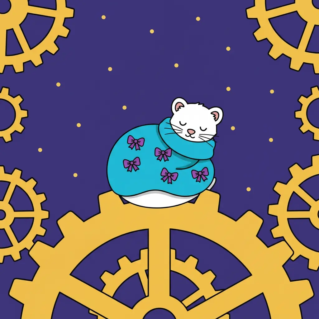 La armiño duerme tranquila en el centro de un engranaje dorado.