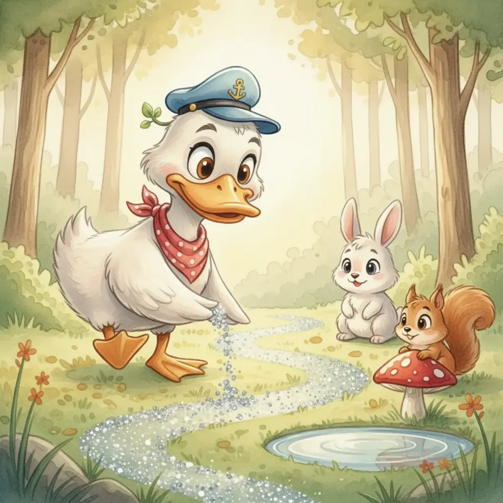 Capitán Pata-Pato crea un mapa brillante con destellos, guiando a otros animalitos del bosque.