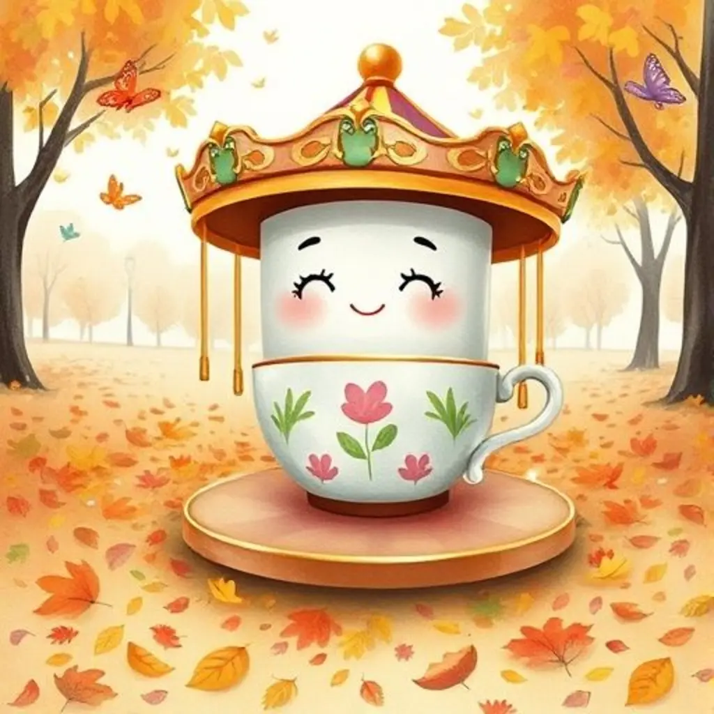 Tazas Giratorias quieta y contenta, rodeada de hojas de otoño, con mariposas volando a lo lejos.