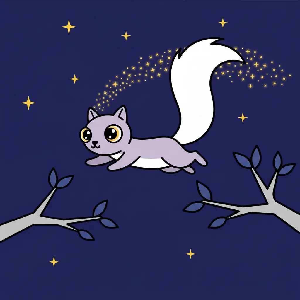 Una ardilla de color lavanda con una cola blanca y brillante saltando entre ramas de plata.