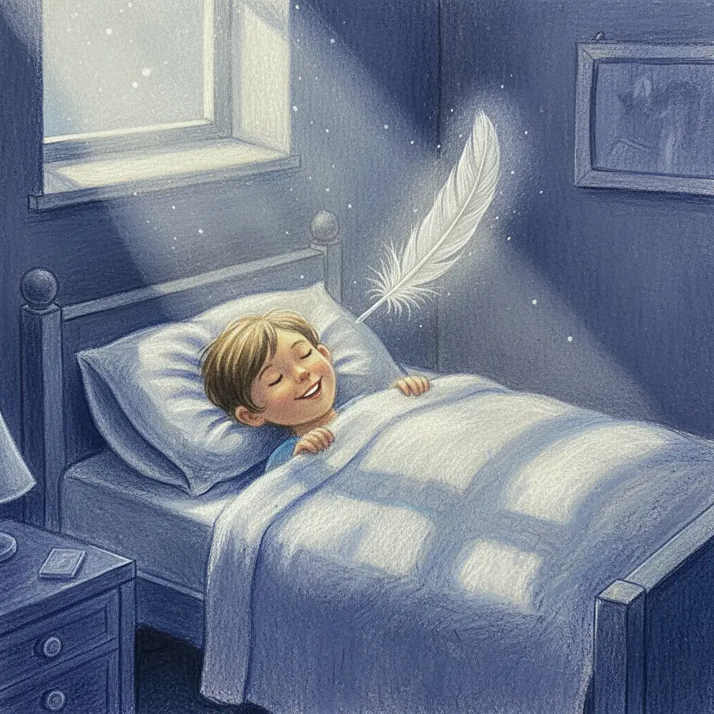 El niño duerme profundamente con una sonrisa radiante, mientras Alita la pluma flota con un suave resplandor sobre él, en una habitación iluminada por la luna.