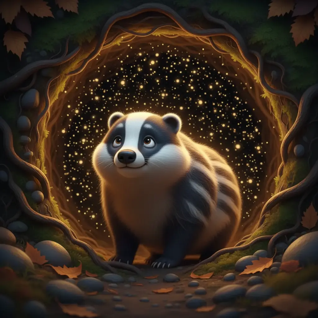 Tejón Gruñón mirando un 'cielo estrellado' de luciérnagas en el techo de la cueva.