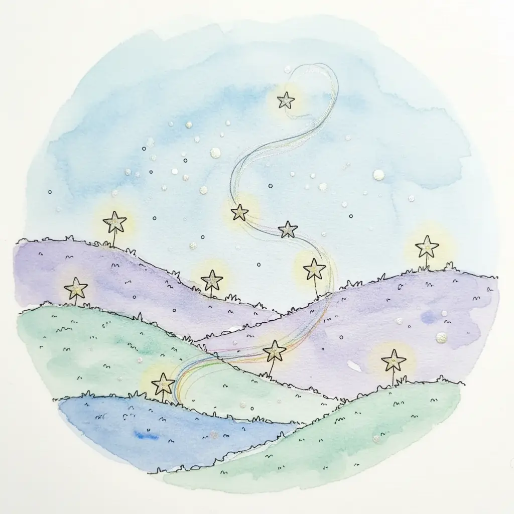 Las estrellitas caen a la tierra, susurrando deseos mágicos a los niños que las encuentran.