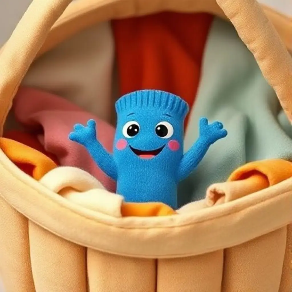Calcetín Calcetín, un calcetín azul, saltando feliz en una cesta de ropa.