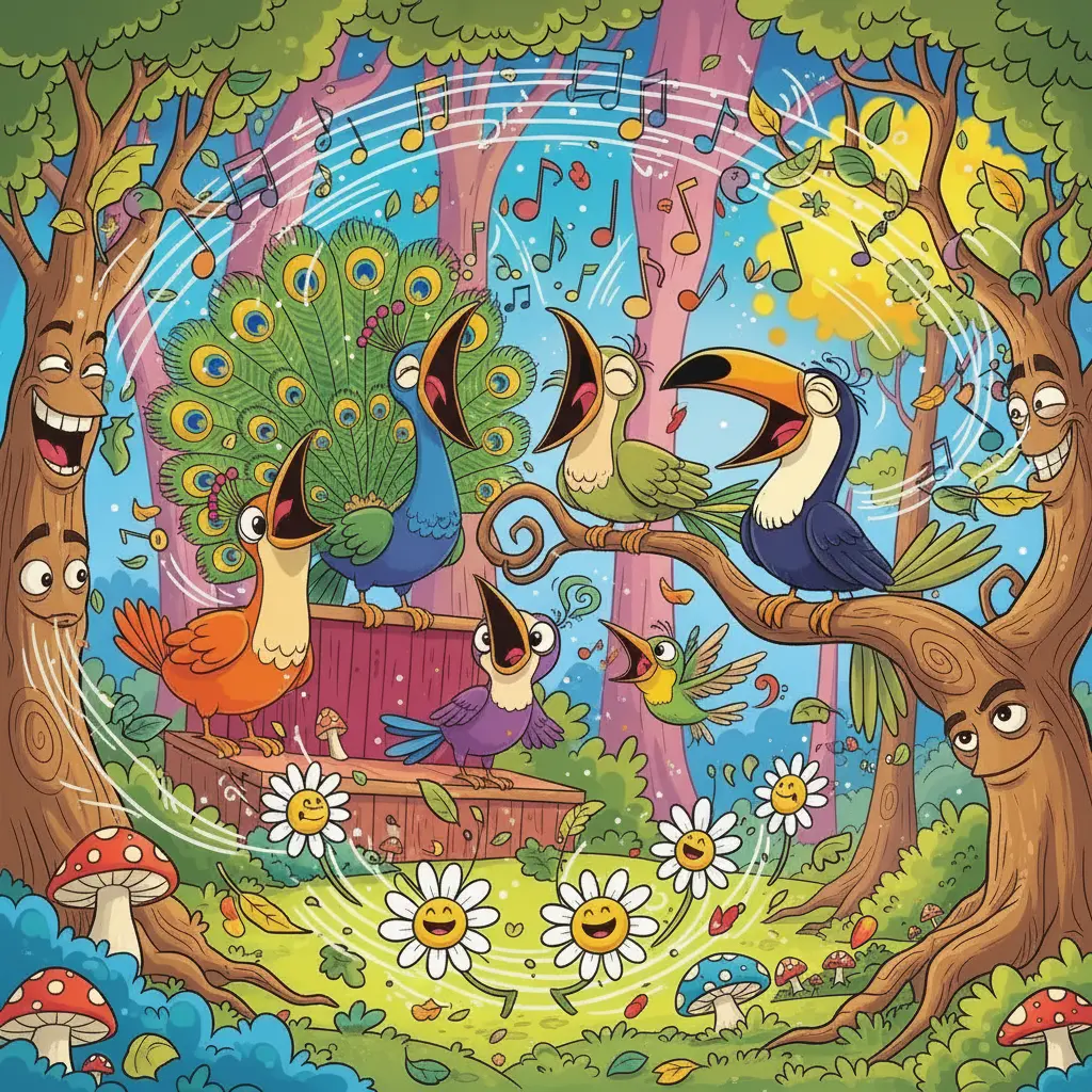 Ambos pájaros cantan a todo volumen, y todo el bosque es un remolino de flores y hojas que bailan, mientras los árboles parecen reír.