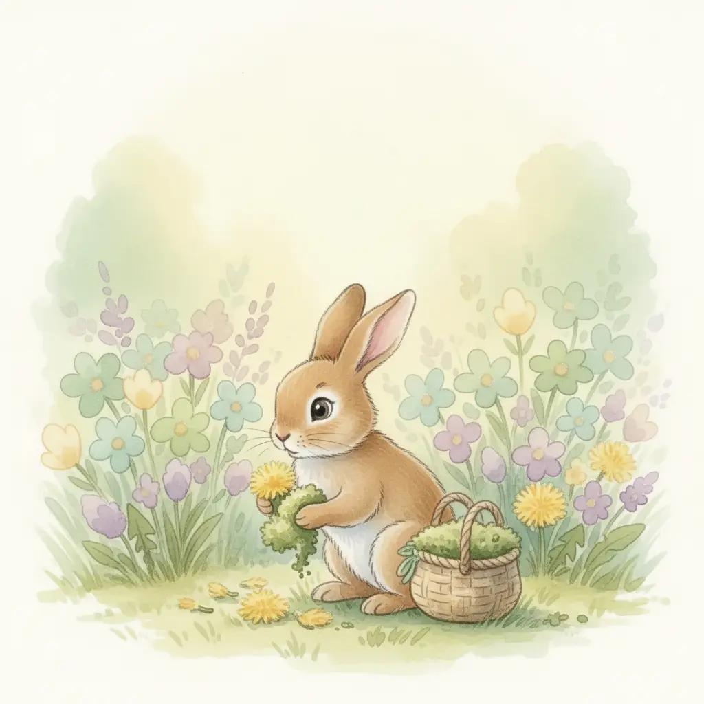 La conejita recoge pétalos amarillos y musgo del prado.